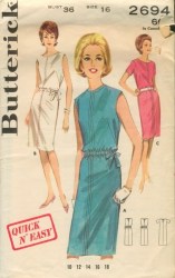 2694 BUTTERICK 1960S QUICK EASY SHIFT DRESS SHORT SLEEVES / SLEEVELESS PATTERN 10 31